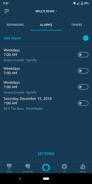 setting music alarm on alexa