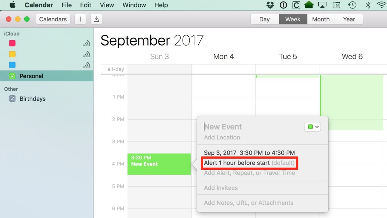 mac set default calendar for email response