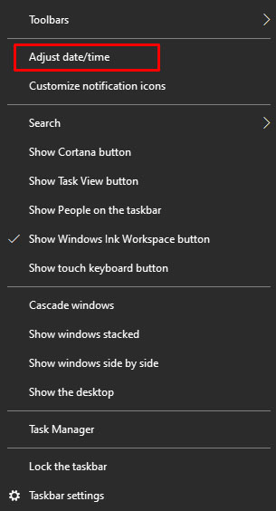 Windows Adjust date/time option