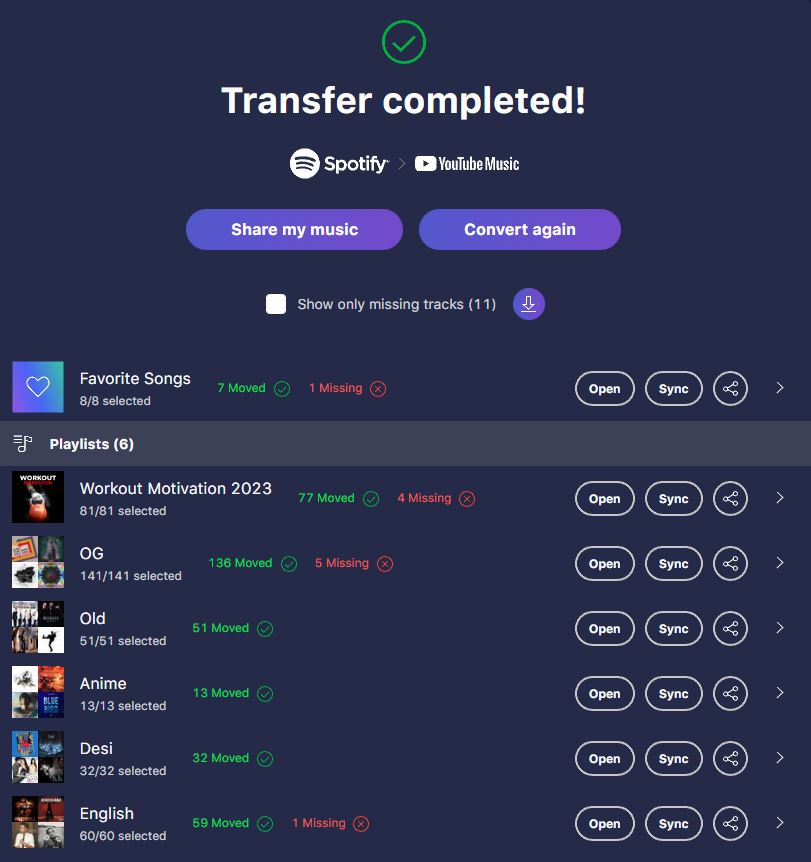TuneMyMusic Transfer Complete
