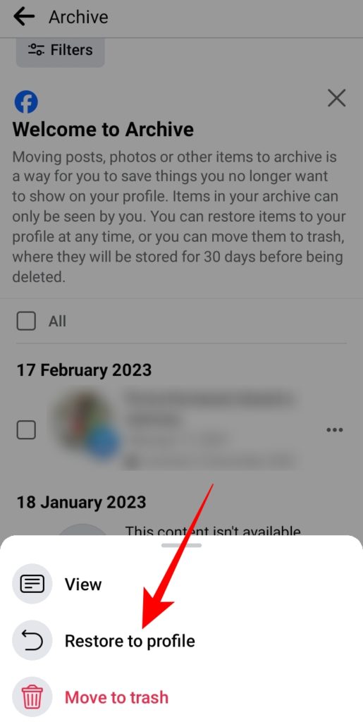 how to restore archive post on.fb