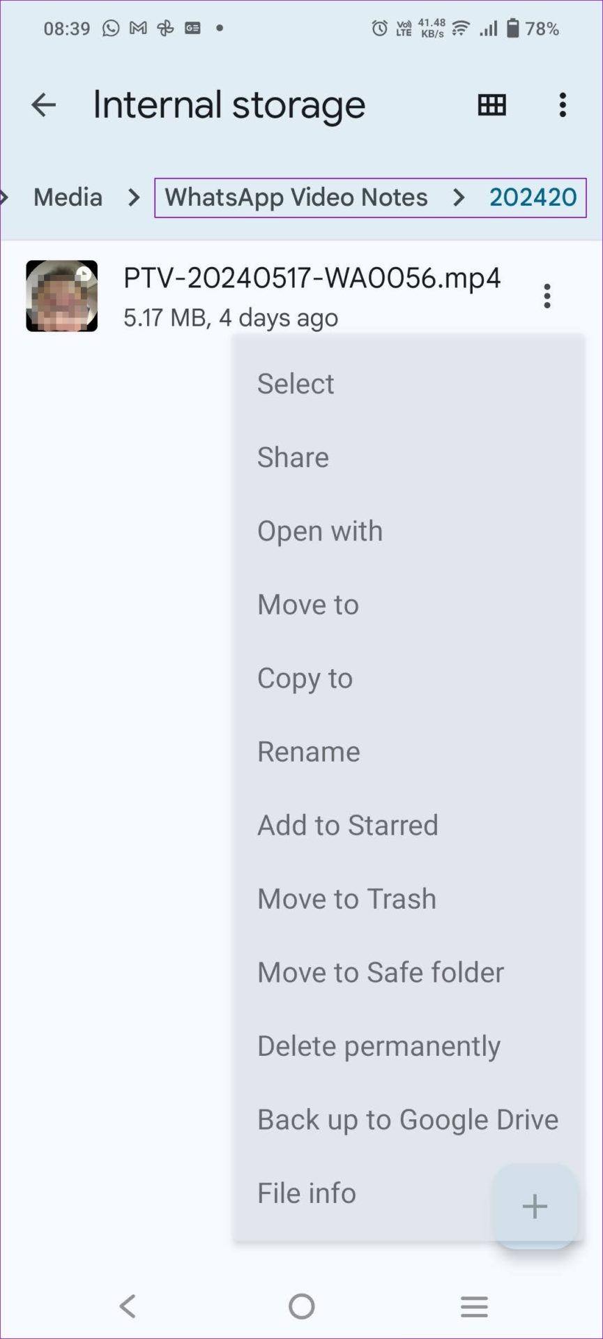 Video notes file action menu
