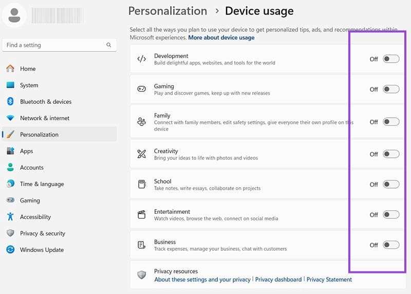 Remove Personalization Suggestions in Windows 2